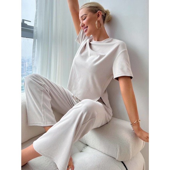 WILA Pants - 🌟 2 piece pajamas set: Slit Hem tee &  Pants Lounge Set